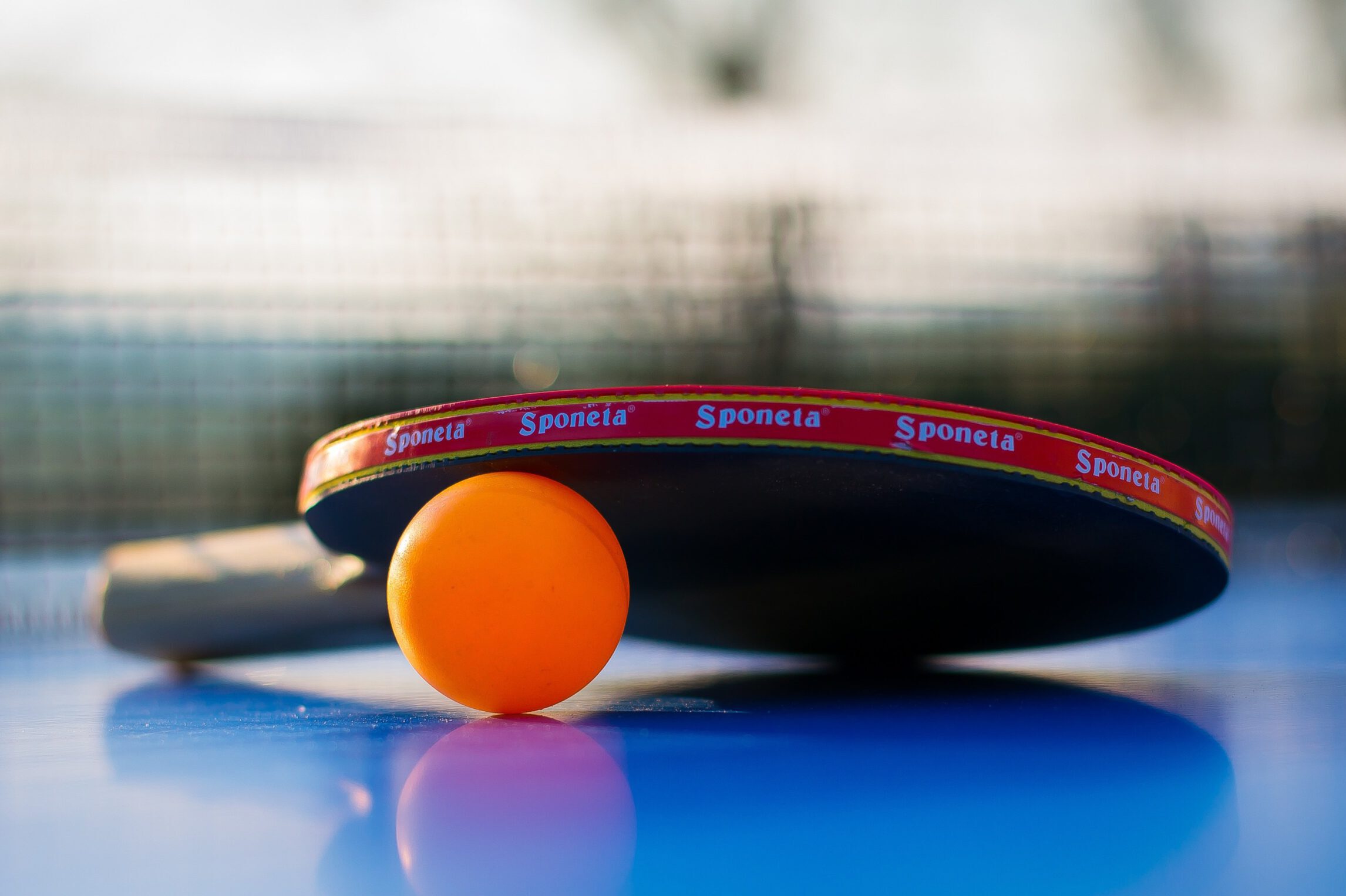 Tischtennis Tischtennisschläger mit orangefarbenem Ball auf einer blauen Tischtennisplatte